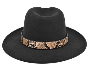 Detail of classic black wool fedora featuring a stylish snakeskin patterned hatband