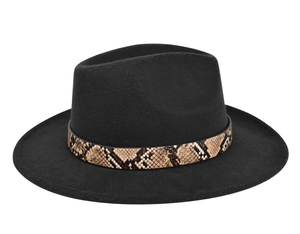 Detail of black wool fedora with snakeskin pattern band and flat brim design