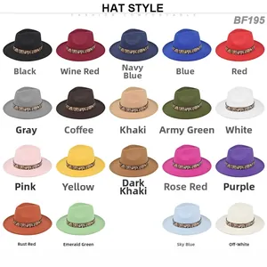 Flat lay display of retro wide brim wool felt hats in 19 colors with animal print bands