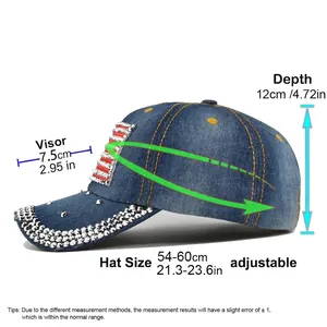 Casquette de baseball en jean délavé avec drapeau US strass et guide des tailles complet
