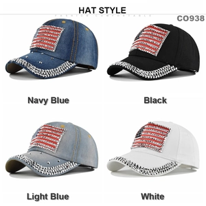 Détails de casquettes en jean avec écussons drapeau USA en strass en quatre couleurs