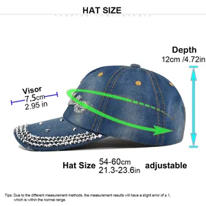 Detailed size guide for denim baseball cap with rhinestones showing adjustable measurements