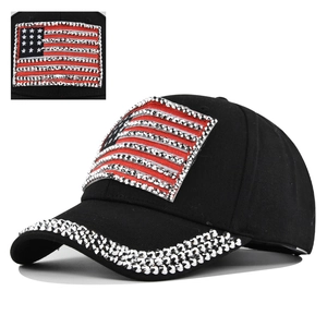 Casquette de baseball en jean noir avec motif drapeau américain en strass brillants