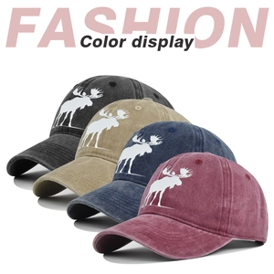 Casquettes de baseball vintage en coton délavé avec imprimé élan en quatre couleurs mixtes