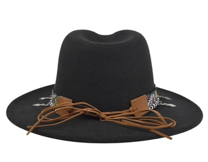 Detail of black wool fedora featuring ethnic geometric band and silver leaf pendant