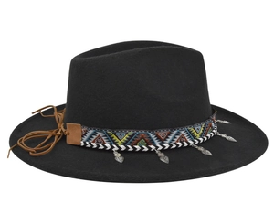 Detail of black wool fedora with bohemian tribal band and silver heart pendants