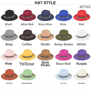 Matrix display of wide brim wool fedora hats with ethnic bands in 19 different colors