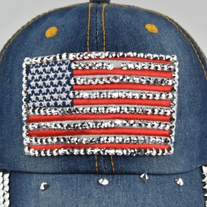 Casquette baseball en denim délavé avec drapeau américain en strass et broderie