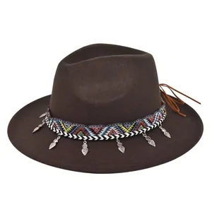 Classic dark brown wool felt fedora hat with bohemian woven band and silver leaf charms