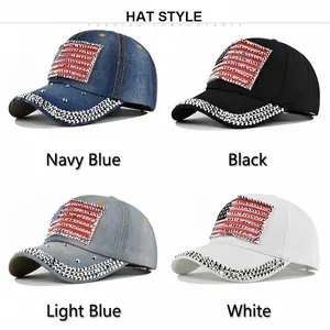 Casquettes de baseball en jean avec drapeau américain en strass en quatre couleurs
