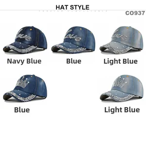 Detail view of denim baseball caps with rhinestone crown and Love patterns in various blue shades