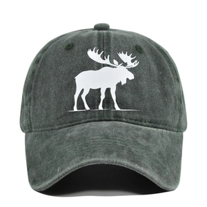 Casquette de baseball vintage en coton délavé vert foncé avec silhouette d'élan blanche pour hommes