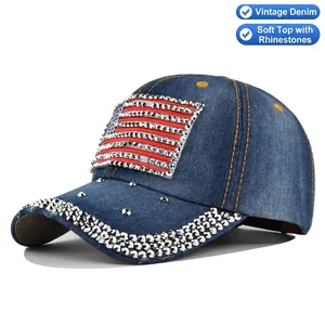 Casquette de Baseball en Denim Délavé Vintage Ajustable Strass Drapeau Américain Chapeau de Soleil Usé pour Hommes Femmes Streetwear