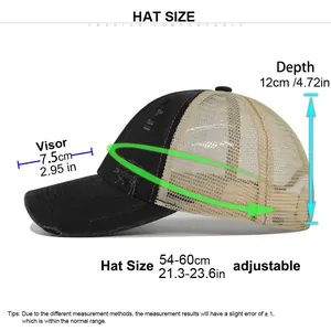 Gorra de béisbol vintage de malla con especificaciones de talla y visera desgastada unisex