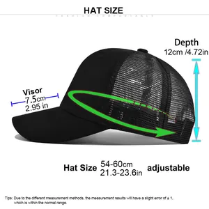 Size chart for breathable mesh baseball cap showing dimensions for visor depth and adjustable strap