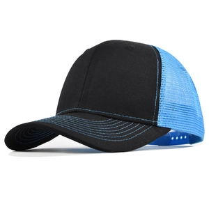 Detail view of truck cap with blue breathable mesh and adjustable plastic back strap