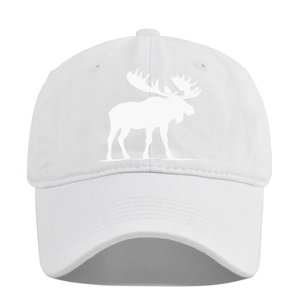 Détail de la casquette de baseball en coton blanc délavé avec imprimé silhouette de cerf