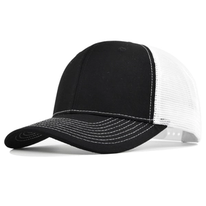 Side view of two-tone mesh trucker hat with contrast stitching on the black brim