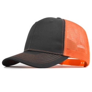Detail of breathable orange mesh back and adjustable snapback closure on a trucker hat