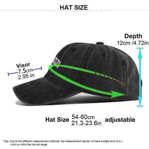 Size chart for Los Angeles baseball cap showing visor, depth, and adjustable circumference