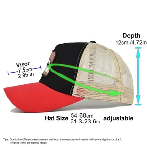 Size chart for mountain embroidered mesh trucker hat showing adjustable 54-60cm circumference