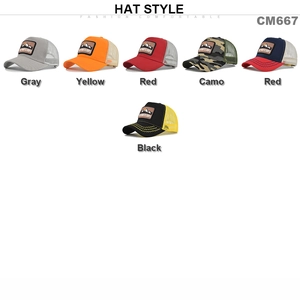 Mesh trucker hat collection with mountain patches and wave stitched brim in six colors