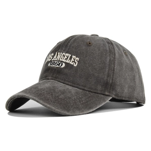 Detail of embroidered Los Angeles text on vintage washed cotton baseball cap