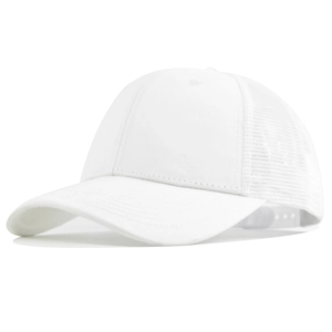 Detail of white trucker hat with breathable mesh and adjustable curved brim style