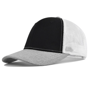 Close-up of tricolor mesh trucker hat with contrast stitching and breathable mesh back