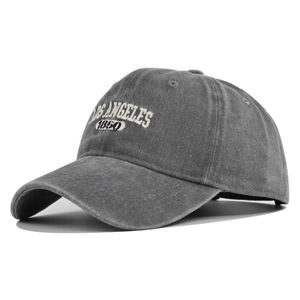 Detailed view of high-quality Los Angeles 1950 embroidery on washed cotton baseball cap