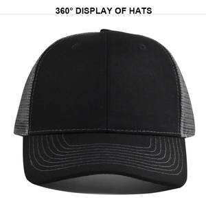 Front view of black trucker hat showing breathable mesh and curved brim details