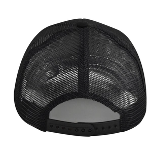 Detail of black trucker hat rear with breathable mesh and adjustable snapback closure