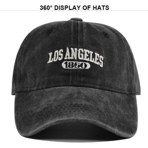 Vintage washed black baseball cap with white LOS ANGELES 1850 embroidery and curved brim