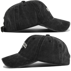 Detail of Los Angeles embroidery on side of black washed cotton baseball cap