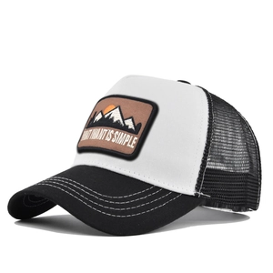 Detail of mountain embroidery patch on mesh trucker hat with WHAT I WANT IS SIMPLE text