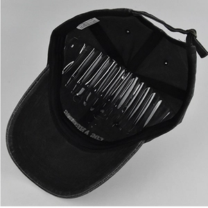 Detailed interior view of washed cotton baseball cap with LOS ANGELES embroidery and strap