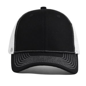 Classic black and white trucker hat with mesh back and reinforced stitched visor