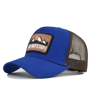 Macro detail of royal blue trucker hat showing mountain embroidery and breathable mesh