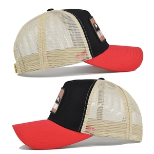 Detail of adjustable snapback and breathable mesh on a tricolor baseball trucker hat