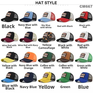 Detail view of 20 color options for mesh trucker hats with mountain patch embroidery