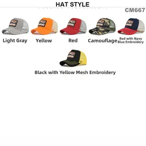 Matrix showing six mesh trucker hats with mountain patches in various vibrant colors