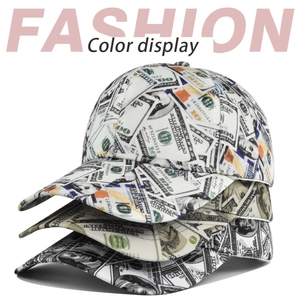 Vertical stack of three baseball caps featuring detailed all-over dollar bill currency print