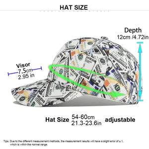 Detailed size chart for the dollar pattern baseball cap with adjustable measurements