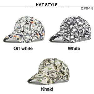 Three dollar bill printed baseball caps in off-white, white, and khaki cotton colors