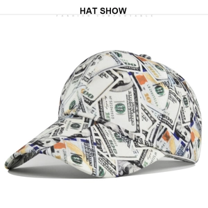 Close-up of a dollar bill print baseball cap with a curved brim and street style design