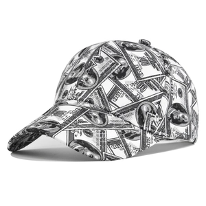 Classic baseball cap with vintage black and white 100 dollar bill print on white background