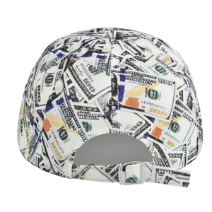 Detail view of adjustable silver buckle on baseball cap with dollar bill print texture