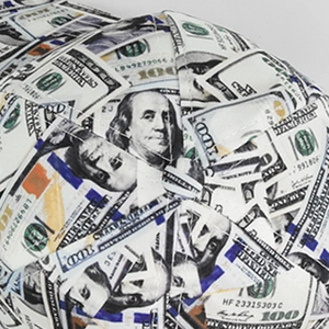 Macro close-up of the detailed 100 dollar bill print on the fabric of the baseball cap
