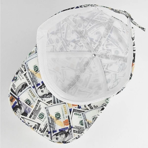 Inside view of dollar print baseball cap with white breathable mesh lining and reinforced seams