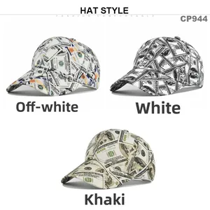 Detail view of cotton baseball caps with vintage dollar bill currency print in three colors
